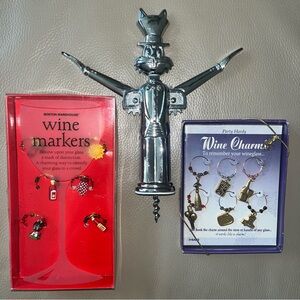BUGS BUNNY LOONEY TUNES CORKSCREW Chrome Wine Bottle Opener & WINE CHARMS Bundle